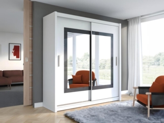Vente-unique - Kleiderschrank mit Spiegel - 2 Schiebetüren - B. 203 cm - Weiß - AUTLAN