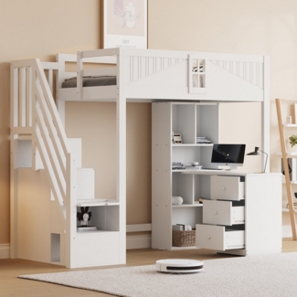 Merax Hochbett (Jugendbett Etagenbett Einzelbett, 1-St, Kiefernholz) Kinderbett 90x200cm mit Schreibtisch Schubladen Schrank Stauraumtreppe