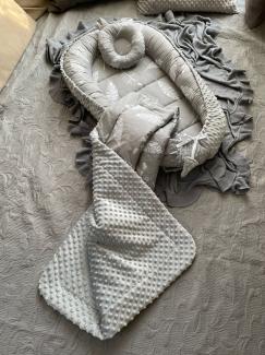 Loolay Bettnestchen MINKY/ Baumwolle BABYNEST Babykokon Geschenk Babyausstattung SETS, (MUSTER: Feder Grau/ MINKY grau, SOLO oder im SETS, 3-tlg, Neugeborene Nestchen, Babynestchen, Reisebett), LOOLAY® - 100% Europäische Stoffe und Kleinserien-Nähen!