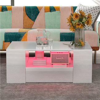STILVORA Wohnzimmer-Set Hochglanz Kaffeetisch mit 2 Schubladen,Beistelltisch mit LED Licht, (95 x 53 x 37 cm 2 Schubladen und 2 Regalsofa Couchtisch Beistelltisch, 1-St), Zeitgenössisches Design Flachverpackung