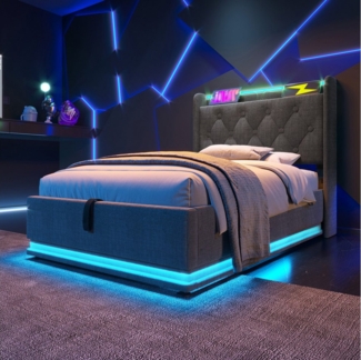 MODFU Polsterbett LED Schlafzimmerbett mit Stauraum hydraulischem Bettkasten (Hydraulisches Bett, Stauraumbett, Funktionsbett, 1-tlg, mit USB Typ-C Ladefunktion, 140*200cm, ohne Matratze), aus Eisen