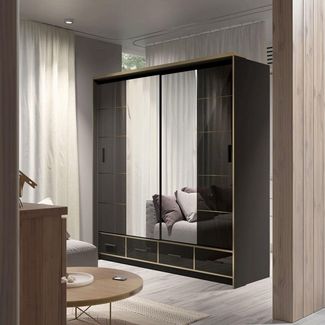 MOEBLO Kleiderschrank SERAPHINE (Schwebetürenschrank Gaderobe Schiebtüren Schlafzimmer - Modern Design, mit Spiegel 2-türig Schrank mit vielen Einlegeböden und Kleiderstange) (BxHxT): 203x220x66cm