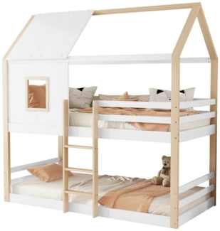 MODFU Etagenbett Kinderbett Einzelbett Hausbett Gästebett Jugendbett (mit Leiter und Fensterleiste, Bett mit Lattenrost, Kiefer, minimalistischer Stil 90x200 cm), ohne Matratze