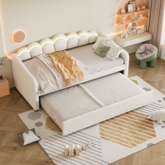 Schlafsofa mit LED-Beleuchtung, Gästebett und Lattenrost, 90x200 cm, Einzelbett, Polsterbett, Samt, beige
