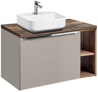 Waschtischunterschrank 80cm mit Regal & Keramikbecken PUEBLA-56-TAUPE in taupe mit Vintage Oak, B/H/T ca.: 80,4/62,5/46 cm