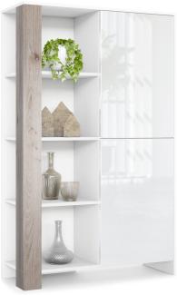 Highboard Canto, hoher Schrank mit 2 Türen und 8 Fächern, Korpus Weiß matt, Fronten Weiß Hochglanz, Dekor-Paneele Eiche Nordic (95 x 151,5 x 36 cm)