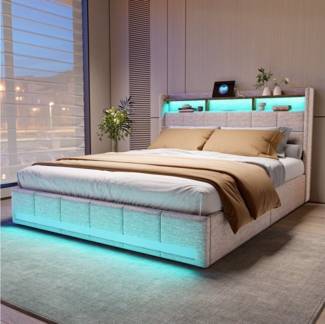 Furnishings Home Polsterbett LED Doppelbett 140x200 cm, Stauraumbett mit Kopfteil und 4 Schubladen (Leinenmaterial Polsterbett mit RGB Beleuchtung), mit Lattenrost und Ladefunktion, mit Komforthöhe, Leises Design Bett