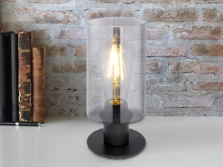 LED Tischleuchte Rauchglas Zylinder Lampenschirm, Metall Schwarz, Höhe 21,5cm