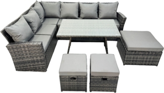 Fimous 9 Sitzer Hoher Rücken Rattan Gartenmöbel-Set Ecksofa mit Länglicher Esstisch 3 Hockern