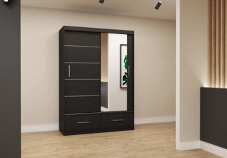 MOEBLO Kleiderschrank FLIX (Schwebetürenschrank 2/3-türig Schrank Garderobe Schiebtüren Schlafzimmer, mit Schubladen, dekorative Sprossen) (BxHxT):150/200/250x218x61cm