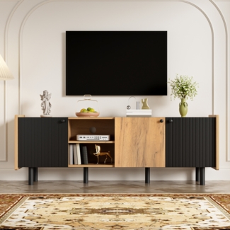 TV-Schrank mit drei Türen und zwei offenen Fächern, moderner Stil, Holz, Schwarz+Holzfarben, 160 cm