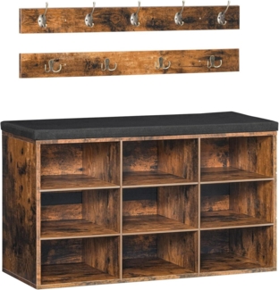 HOOBRO Garderobe Schuhbank 9 Fächer, Wandgarderobe 9 Haken, Vintagebraun