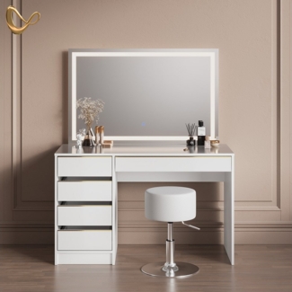 Livinity® Schminktisch Imola, Weiß/Gold/Gold, mit LED-Spiegel und Hocker