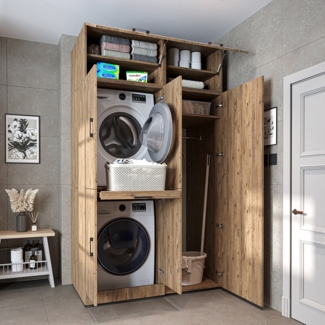 Roomart Waschmaschinenschrank " DORA SET" für Trockner & Waschmaschine, 130 cm breit, mit Aufsatzschrank , 1x Regalboden, Türen & Ausziehbrett • Eiche
