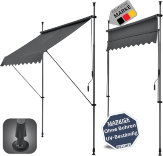 DELUKE® Klemmmarkise 250cm breit - mit Handkurbel Balkonmarkise ohne Bohren Sonnenschutz UV-beständig Sonnenmarkise höhenverstellbar Markise mit Gestell 250x120x200-300cm Anthrazit