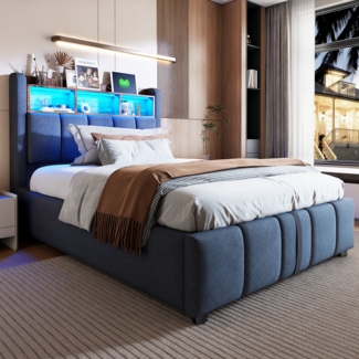 Merax Polsterbett Einzelbett 90*200cm mit LED-Beleuchtung und USB-Anschluss, Kopfteil mit Ablageflächen und Stauraum, mit hydraulischem Stauraum, Kindereinzelbett, Leinen, grau