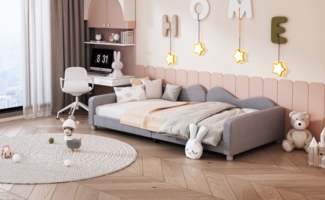 Polsterbett 90x200 cm aus Teddystoff als Schlafsofa mit Rückenlehne – modernes Kinder- und Jugendbett