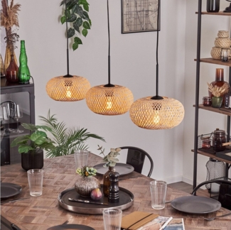 hofstein Hängeleuchte moderne Pendellampe aus Metall/Bambus in Schwarz/Natur, ohne Leuchtmittel, Gitterschirm Leuchte (25cm), Lichteffekt, 3 x E27, ohne Leuchtmittel