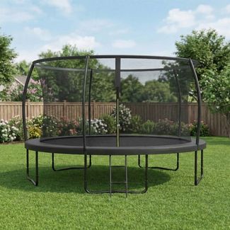 SONGMICS Trampolin 427 cm d, Gartentrampolin mit Sicherheitsnetz, 180 cm hohe Stangen, Randabdeckung, Leiter, schwarz