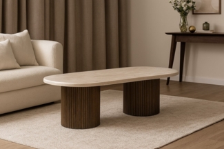 alesvelt Couchtisch ovale Trivento Travertin-Tischplatte Tischbeine im Säulenstil modern (1 Tisch), 130x70x45 cm, Travertin-Tischplatte