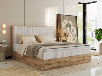 Doppelbett, Boxspringbett mit Bettkästen, Multipocket-Matratze und Topper, Set mit Kopfteil, Eiche Wotan Holzrahmen - WOOD CLASSIC - 160x200 cm - Beige Cord - H3