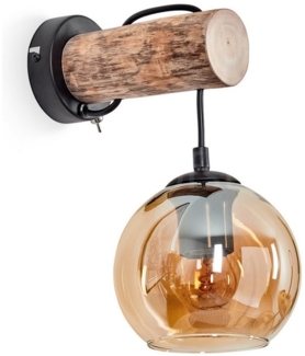 hofstein Wandleuchte Wandlampe aus Metall/Holz/Glas in Schwarz/Natur/Bernstein, ohne Leuchtmittel, Leuchte mit Glasschirmen (15cm) u. Schalter, 1xE27, ohne Leuchtmittel