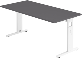 bümö höhenverstellbarer Schreibtisch O-Serie 160x80 cm in Graphit, Gestell in weiß - PC Tisch für's Büro manuell höhenverstellbar, Computertisch verstellbar, OS-16-G-W