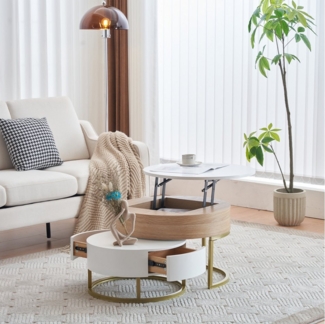 REDOM Couchtisch Beistelltisch höhenverstellbarer mit 2 Schubladen (Wohnzimmertisch, 2-St, Nesting-Design), mit Weiß-Holzoptik goldenen Metallrahmen