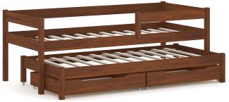 WNM Group Kinderbett Ausziehbar JULA mit Rausfallschutz und Lattenrost - Bett mit Schubladen - Ausziehbett für Jugendliche - Jugendbett - Funktionsbett - Palisander - 90x180 80x170