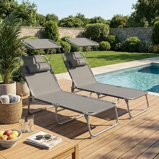 SONGMICS Sonnenliege klappbar, 2er Set, mit Kopfstütze, belastbar bis 110 kg, verstellbare Sonnenblende, schwarz
