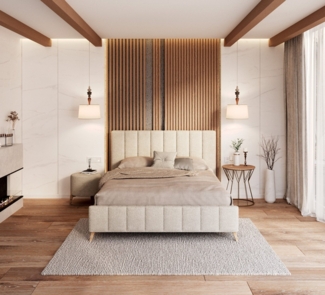 FDM Polsterbett Bettgestell Bettrahmen 120x200, 140x200, 160x200, 180x200 (MADE IN EU - mit hochwertigem Bouclé Bezug, Bettrahmen, Bett, Optional mit Matratze bestellbar, mit großen gepolsterten Kopfteil aus hochwertigen Bouclé Stoff), Holzrahmen mit L...