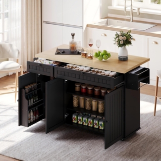 Merax Kücheninsel mit klappbarer Arbeitsplatte, Küchenschrank auf 6 feststellbaren Rollen, mit Ablage, Türregal, 2 großen Schubladen und Schrank, Schwarz, 137 x 89,5 x 45 cm