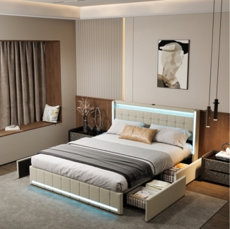 PXloue Polsterbett Design Bett Stauraumbett Doppelbett Leinen mit LED Licht (Geeignet für Jugendliche und Erwachsene), mit Lattenrost und 4 Schubladen,140x200 cm, Max. Belastbarkeit 350 kg