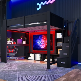 Merax 140x200 Hochbett Kinderbett aus Holz mit Schreibtisch, mehrstufigem Stauraum, LED-Beleuchtung und Treppe mit Stauraum, Schwarz