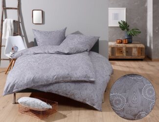 Bettwaesche-mit-Stil Mako-Satin Damast Paisley Bettwäsche "Davos" weiß-grau Garnitur 135x200 + 80x80