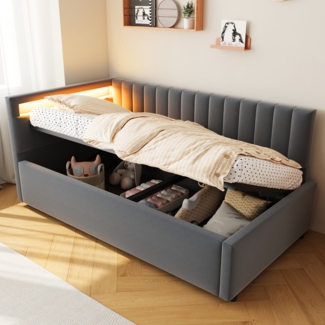 Merax Polsterbett Schlafsofa 90x200, mit LED-Beleuchtung und hydraulischem Stauraum, klassisches vertikales Streifendesign, seitliche Kopfteile mit austauschbaren Positionen, Lattenrost, Samtstoff, Grau