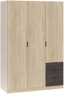 Dmora Kleiderschrank 3 Türen Apaches, Schlafzimmerschrank mit 3 Schubladen, Schrank mit Kleiderstange und 3 Regalen, 121 x 52 x 180 cm, Eiche und Oxid
