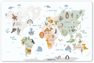 MuchoWow Platzset Weltkarte - Tiere - Kinder - Pastell, (1-St), Kinder-Arbeitsunterlage Schreibtisch, Bastelmatte Kind, Zeichenmatte