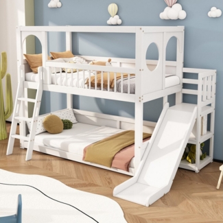 Flieks Etagenbett, Massivholz Kinderbett Hausbett mit Rutsche und Leiter 90x200cm