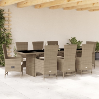 vidaXL 9-tlg. Garten-Essgruppe mit Kissen Beige Poly Rattan 3277584