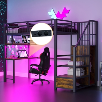 Hochbett Metall Mit Schreibtisch LED-Lichtleiste Steckdosen Stauraumtreppe Netzstruktur 120 kg Schwarz