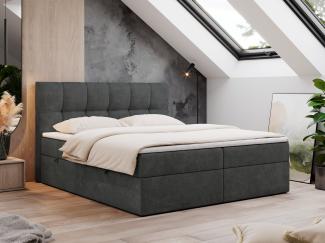 Boxspringbett mit Kopfteil und Topper, Doppelbett - RICO - 140x200cm - Dunkelgrau Stoff - H3