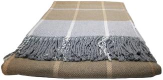 Wohndecke Fair de luxe Cotton All Seasons | Wolldecke aus 50% Baumwolle, 30% Polyester und 20% Acryl | Couchdecke / Sofadecke | Wohlfühlende und Anschmiegsame Kuscheldecke | Wolldecke mit Fransenborde (Braun/Grau Kariert)