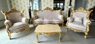 Casa Padrino Barock Wohnzimmer Set Grau Muster / Gold - 1 Barock Sofa & 2 Barock Sessel - Wohnzimmer Möbel im Barockstil - Barock Möbel - Barock Wohnzimmer Einrichtung