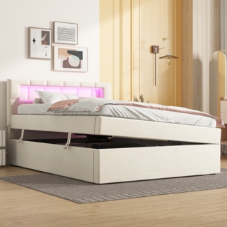 Polsterbett 90x200 cm mit LED-Ambientebeleuchtung, Bett mit Stauraum und Hebefunktion,verstellbarem Kopfteil,Samtbezug mit Fernbedienung in Beige