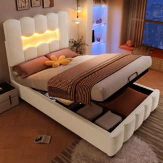 Merax Polsterbett, 90 x 200 cm, Einzelbett, Jugendbett, ohne Matratze, LED-Beleuchtung, mit Hydraulikvorrichtung, verstellbares Kopfteil, Samt, beige