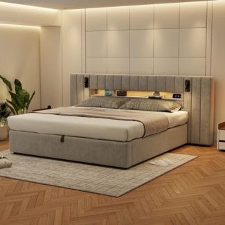 Doppelbett mit USB-Anschlüssen, LED-Beleuchtung, Nachttischintegration und Stauraum, 256,5 x 209 x 104,5 cm, Grau, ohne Matratze