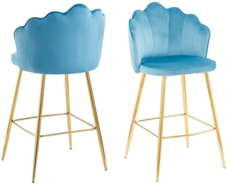 Barhocker Blau 2er Set 52 x 54 cm Samt Muscheldesign mit Metallgestell Gold