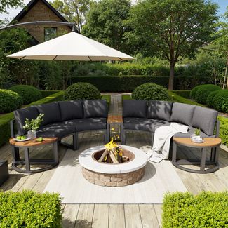 Merax Gartenmöbel-Set für 4-6 Personen, Garten Loungesessel Set, bequeme Gartenmöbel mit grauen Sitzpolstern und Kissen, verstellbare Beine, elegantes rundes Sofa, grau