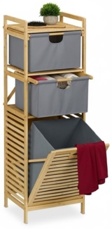 Badregal mit Wäschekorb Bambus, Natur, Grau, 2x Stoffschubladen
